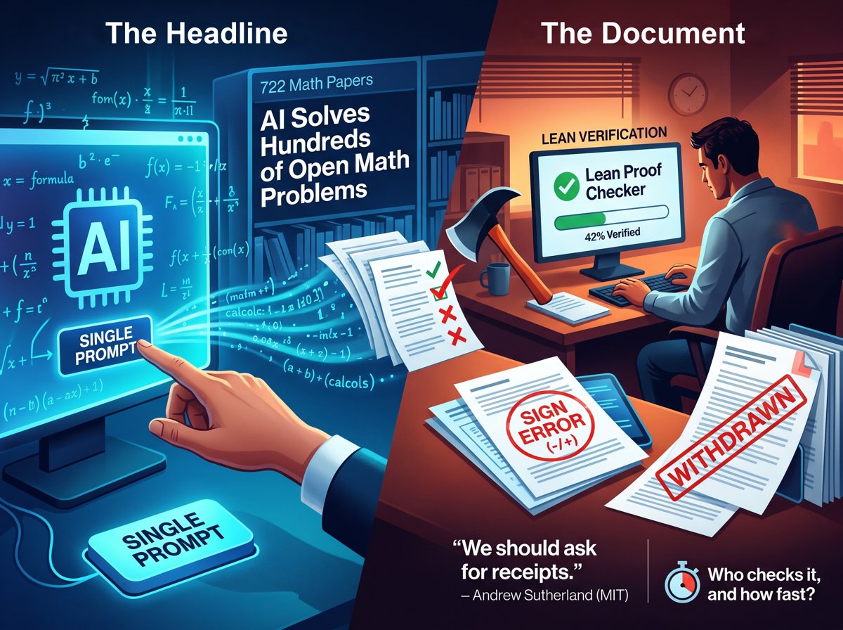 Illustration in two halves. On the left, “The Headline”: a hand presses a SINGLE PROMPT button in front of a screen marked AI and the headline AI Solves Hundreds of Open Math Problems. On the right, “The Document”: a man at a Lean proof checker showing 42 percent verified, papers stamped SIGN ERROR and WITHDRAWN, and Andrew Sutherland's line “We should ask for receipts.”
