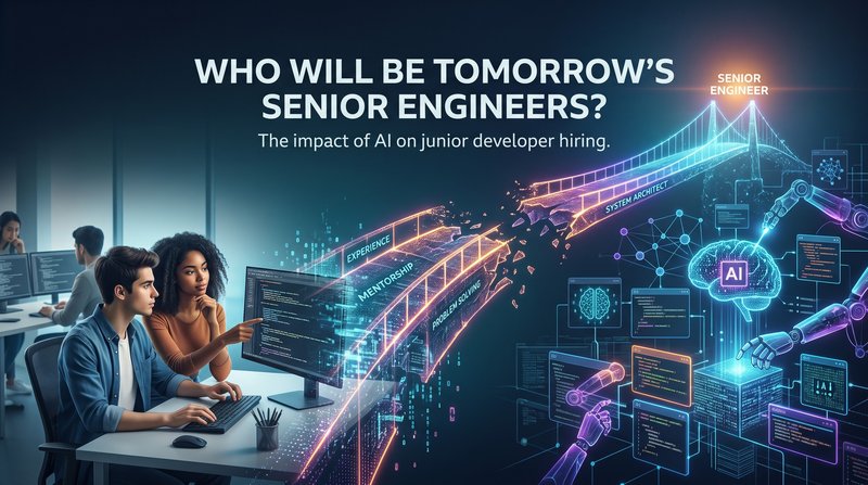 Illustration: two young developers in front of a screen. A glowing bridge labeled experience, mentorship and problem solving breaks before it reaches “senior engineer”; on the other side, robotic arms and a brain marked AI.
